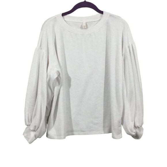 Elan Crisp White Rib Knit Big Puff Balloon Sleeve Crew Neck Pullover Shirt M/M - Picture 1 of 8